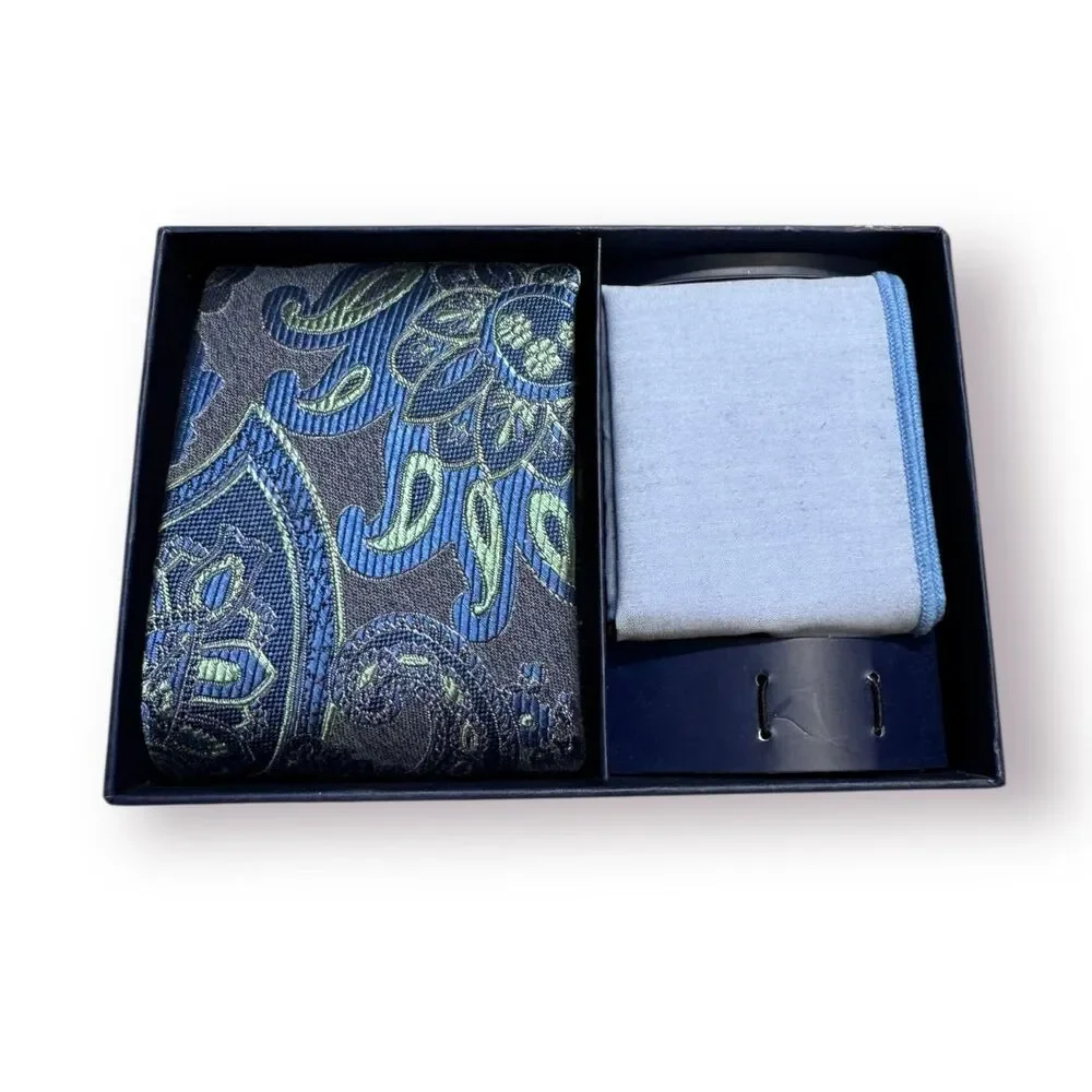 Broletto Geometric Design Blue Silk 2‎ Piece Tie, Pocket Square Like new